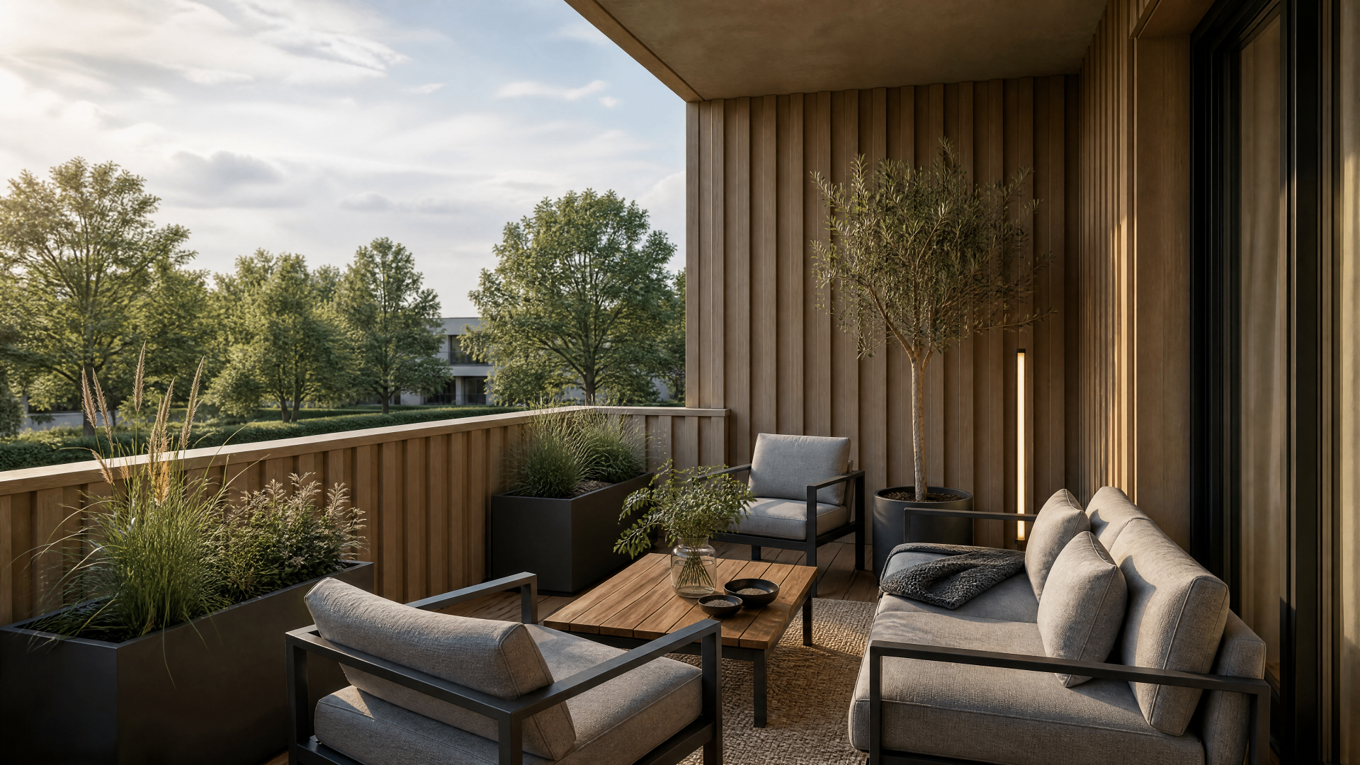 Geschützter Balkon mit Lounge-Möbeln und weitem Blick ins Grüne