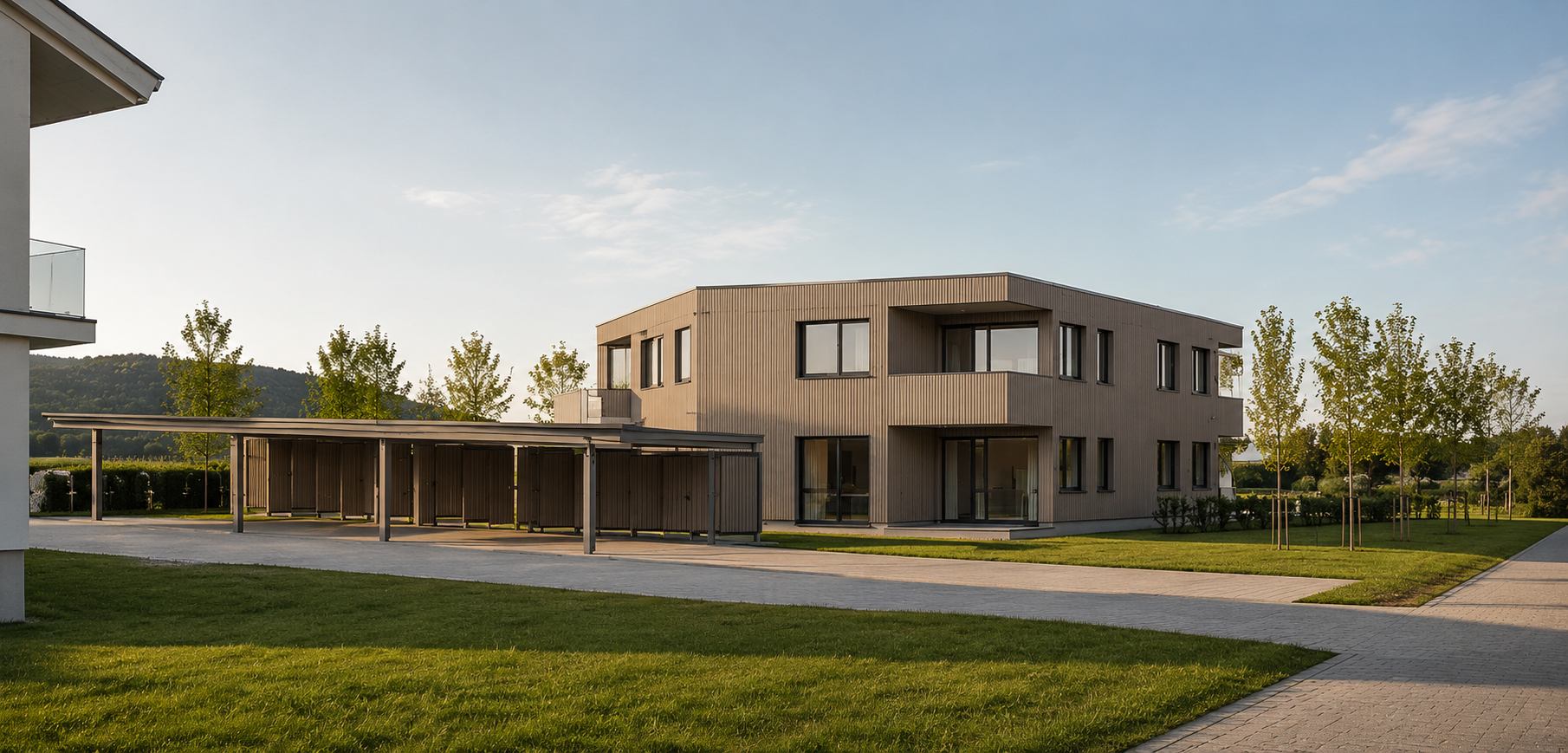 Blick auf Garten, Terrasse und Carport bei AIGEN. Tumeltsham
